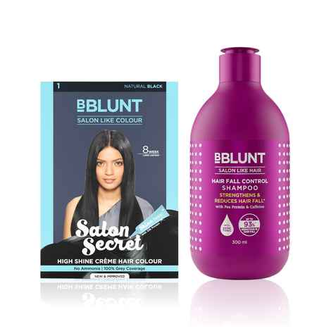 Buy BBlunt Salon Secret High Shine Creme Hair Colour - Natural Black (152 ml) + BBLUNT Hair Fall Control Shampoo with Pea Protein & Caffeine for Stronger Hair (300 ml) - Purplle