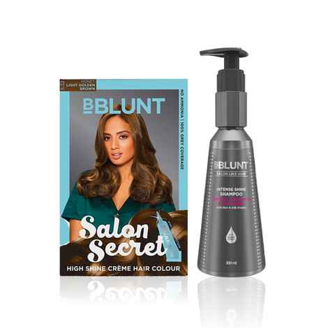 BBLUNT Salon Secret High Shine Creme Hair Colour Light Golden Brown 5.32 (100 gm) With Shine Tonic (8 ml)+BBLUNT Intense Shine Shampoo with Rice & Silk Protein for 23X* Shinier Hair - 300 ml