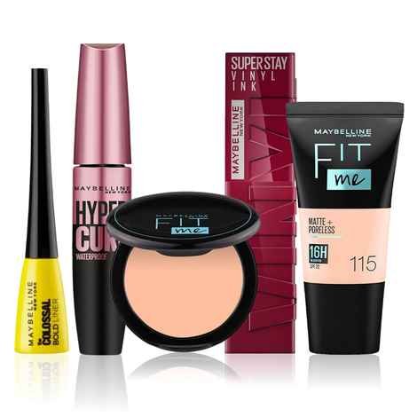 Buy Maybelline NewYork Effortless Elegance Makeup Bundle 6 | Fit Me Compact 115(8 g) | Fit Me Liquid Foundation Tube 115(18 ml) | Hypercurl Mascara Waterproof Very Black (9.2 g) |Colossal Bold Eyeliner Black(3g) | Superstay Liquid Lipstick - Purplle