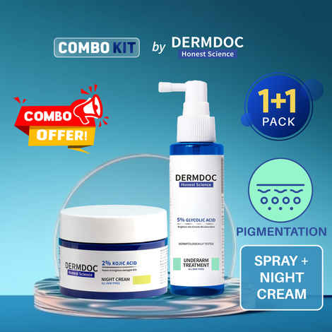 Buy DERMDOC Combo Kit Brighten Up Combo | 2% Kojic Acid Glow Fusion Formula Night Cream (50 gm) | 5% Glycolic Acid Underarm Spray (100 ml) | treatment for dark underarms, dark patches | hyperpigmentation | dark spots | skin brightening cream - Purplle