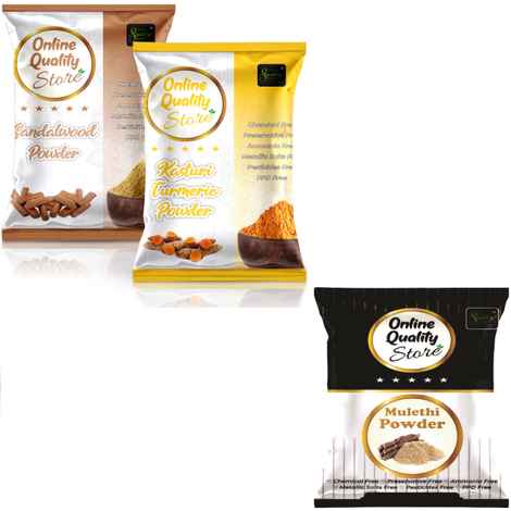 Buy Online Quality Store 100% Pure Kasturi Haldi Powder, 100g, Chandan Powder, 100g, Mulethi Powder, 100g Total-300 gm{mulethi_Haldi_Chandan_300} - Purplle