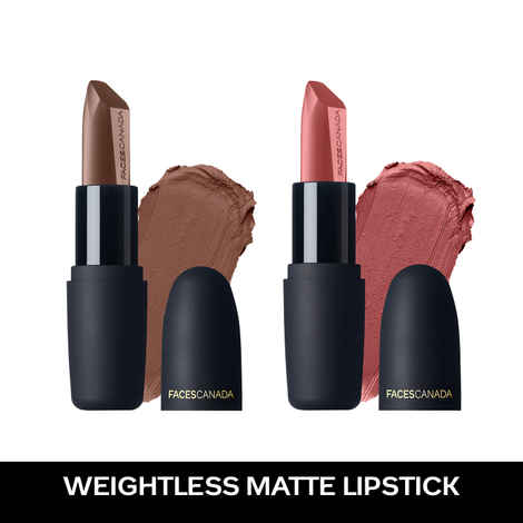 FACES CANADA Festive Glam - Weightless Matte Lipstick Pack of 2 - Pretty Sepia + Subtle Mauve (4.5gx2) | Highly Pigmented Lip Color | Smooth One Stroke Glide | Moisturizes & Hydrates Lips | Vitamin E, Jojoba & Almond Oil Enriched