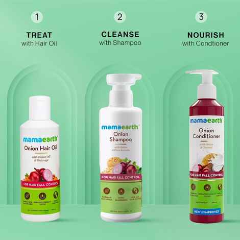 Buy Mamaearth Onion Hair Regrowth Trio: Onion Oil (150 ml) + Hair Fall Shampoo (250 ml) + Conditioner (250 ml) - Purplle