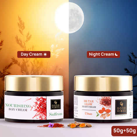 Good Vibes Saffron Day Cream and Ubtan De-tan Night Cream Combo (Set of 2) - Good Vibes De-Tan Glow Night Cream Ubtan with Power of Serum (50 gm) + Good Vibes Saffron Nourishing Day Cream (50 gm)