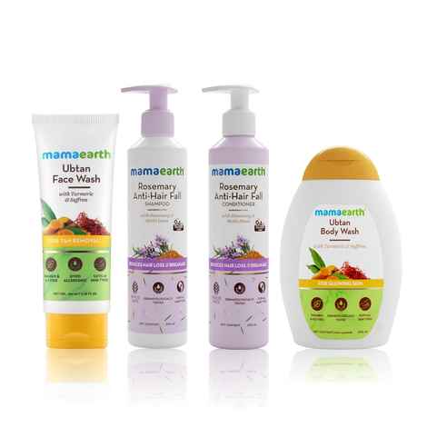 Buy Mamaearth Essesntial Daily Care kit (Rosemary Anti-Hair Fall Shampoo + Rosemary Anti-Hair Fall Conditioner + Ubtan Facewash + Ubtan Body wash) (250 ml + 250 ml + 100 ml + 300 ml) - Purplle