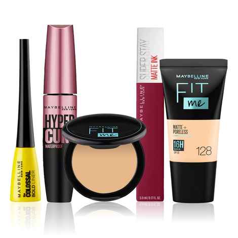 Buy Maybelline NewYork Glamour on the Go Kit 1 | Fit Me Compact 128(6 gm) | Fit Me Liquid Foundation Tube 128(18 ml) | Hypercurl Mascara Waterproof Very Black (9.2 gm) | Colossal Eyeliner Black(3 gm) |Super Stay Liquid Lipstick 115(5 gm) - Purplle