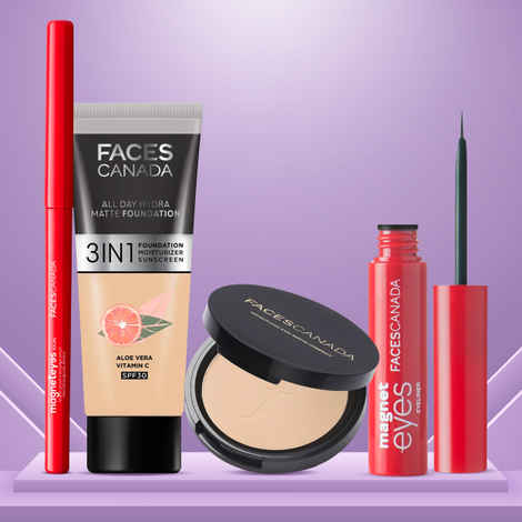 Buy Faces Canada Essentials Kit for Medium Skin | Weightless Stay Matte Compact Natural + All Day Hydra Matte Foundation Medium Natural + Magnet Eyes Kajal + Magnet Eyes Eye Liner Combo of 4 - Purplle