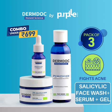 Buy DERMDOC Combo Kit for Acne CTM Routine | salicylic acid range | salicylic acid face wash, face serum, face gel | acne prone skin routine | oily skin | whiteheads, blackheads | exfoliation skincare - Purplle