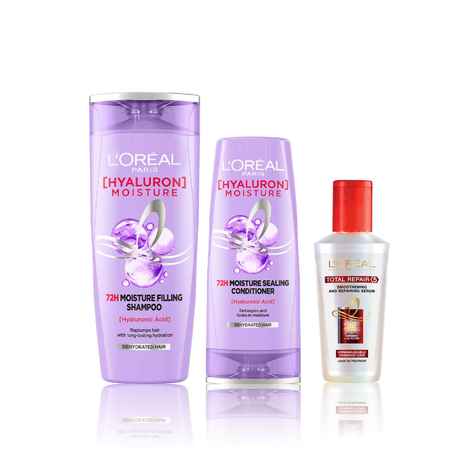 Buy L'Oreal Paris Everyday Hydration and Rejuvenation Hair Care Essentials 1 (Hyaluron Moisture 72H Moisture Shampoo (180ml), Hyaluron Moisture 72H Moisture Conditioner (180ml), Total Repair 5 Serum (80 ml)) - Purplle