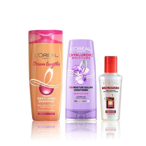 Buy L'Oreal Paris Ultimate Restoration Hair Care Bundle (Dream Lengths Restoring Shampoo (180 ml), Hyaluron Moisture 72H Moisture Conditioner (180ml), Total Repair 5 Serum (80 ml)) - Purplle