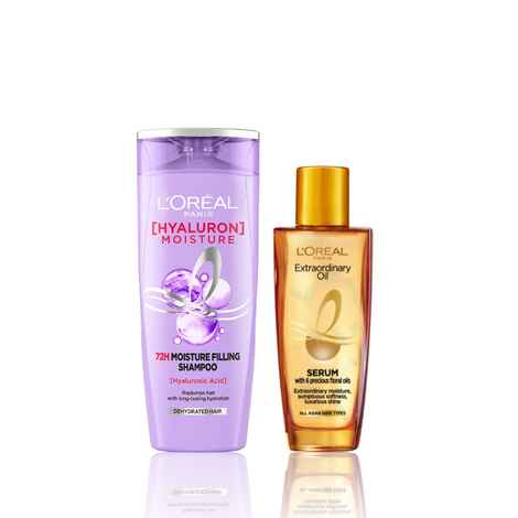 Buy L'Oreal Paris Ultimate Hair Moisture and Shine Duo 1 (Hyaluron Moisture 72H Moisture Shampoo (180 ml), Extraordinary Oil Serum (30 ml)) - Purplle