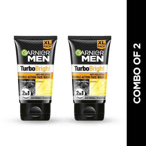 Buy Garnier Men Turbo Bright Double Action Face Wash, Deep Cleansing Anti Pollution Face Wash with Charcoal and Vitamin C, Suitable for all Skin Types, 150g x2 (Pack of 2) - Purplle