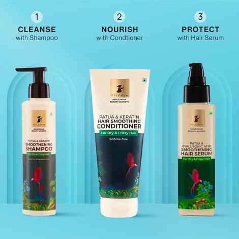 Buy Pilgrim Patua Hair Essential Trio 1 (Hair Smoothening Shampoo (200 ml) + Hair Smoothening Conditioner (200 ml) + Smoothing Hair Serum (100 ml)) - Purplle