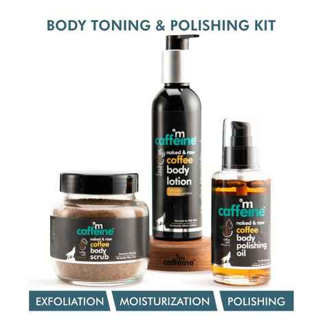 mCaffeine Coffee Body Toning & Polishing Kit | Nourishing, Tan Removal, Moisturization | Body Oil, Body Scrub, Body Lotion | Paraben & Mineral Oil Free Combo of 3