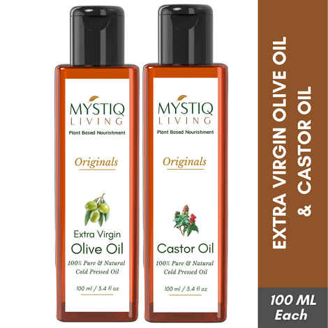 Mystiq Living Extra Virgin Olive Oil and Castor Oil Combo - 100 ML each (200 ML) for Skin, Hair & Body, Castor Oil for Hair Growth, Olive Oil for Face | Baby Massage & Body Massage Cold Pressed, Organic, 100% Pure and Natural