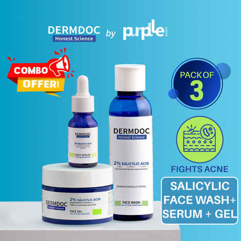 Buy Dermdoc Combo Kit For Acne CTM Routine | Salicylic Acid Range | Salicylic Acid Face Wash (120 ml), Face Serum (15 ml) & Face Gel (100 ml) | acne prone skin routine | oily skin | whiteheads, blackheads | exfoliation skincare - Purplle