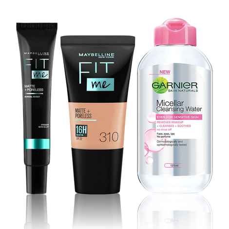 Maybelline New York x Garnier Makeup essentials 4 (Maybelline New York Fit me Primer (30ml) + Maybelline New York Fit Me Liquid Foundation, 310 Sun Beige, (18ml) + Garnier Skin Naturals Micellar Cleansing Water All in 1 (125 ml))