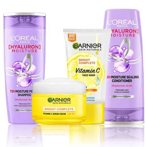 Buy Garnier x L'Oreal Paris Daily Essentials (Garnier VITAMIN C Facewash (150 gm) + Garnier VITAMIN C Serum Cream UV (45 gm) + L'Oreal Paris Hyaluron Moisture Shampoo (180 ml) + L'Oreal Paris Hyaluron Moisture Conditioner (180 ml)) - Purplle