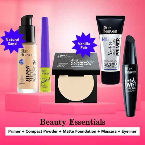 Buy Blue Heaven Beauty Essentials (Make-up base Primer , Hyper Matte Foundation - 103 Natural Sand, Oil Control Compact Powder - Vanilla Fair, Lash Twist Mascara - Black Pack, One Stroke liquid Eyeliner - Jet Black) (16 ml + 30 ml + 8 g + 12 ml + 3.5 ml) - Purplle