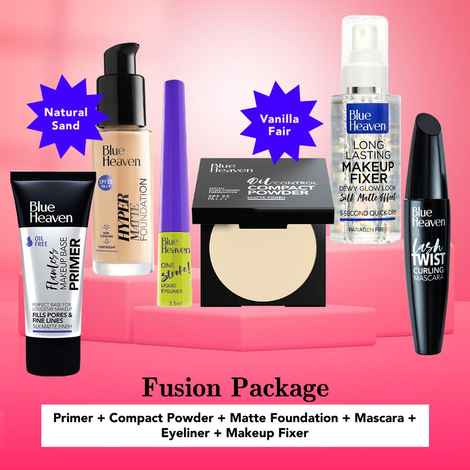 Buy Blue Heaven Fusion Package (Flawless Primer, Hyper Matte Foundation - 103 Natural Sand, Oil Control Compact - Vanilla Fair, Lash Twist Mascara - Black Pack, Liquid Eyeliner - Jet Black, Makeup Fixer) ( 16 ml + 30 ml + 8 g + 12 ml + 3.5 ml) - Purplle