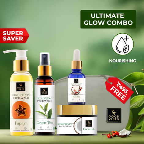 Good Vibes Ultimate Glow Combo Kit (Papaya Face Wash (200 ml), Rosehip Serum (10 ml), Green Tea Toner (120 ml), Coconut Cream (50 gm) with free pouch