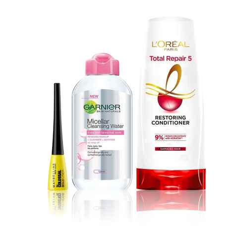 Buy Maybelline x Garnier x L'Oreal Paris Top Picks Combo 2 (Maybelline eyeliner, black (3 gm), Garnier micellar water (125 ml), L'Oreal Paris total tepair 5 conditioner (180 ml)) - Purplle