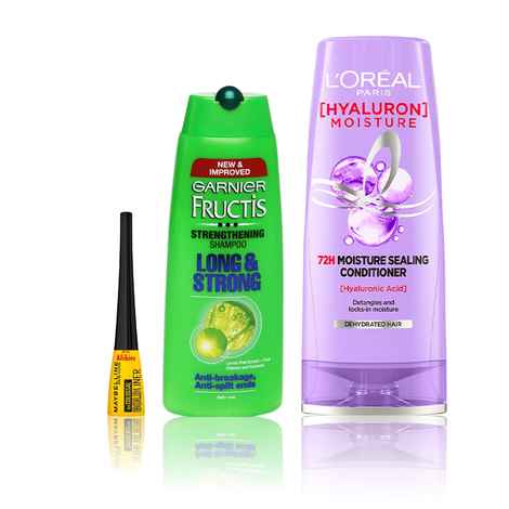 Buy Maybelline x Garnier x L'Oreal Paris Bold Eyes and Strong Hair Combo (Maybelline eyeliner, black (3 gm), Garnier fructis shampoo (175 ml), L'Oreal Paris Hyaluron moisture conditioner (180 ml)) - Purplle