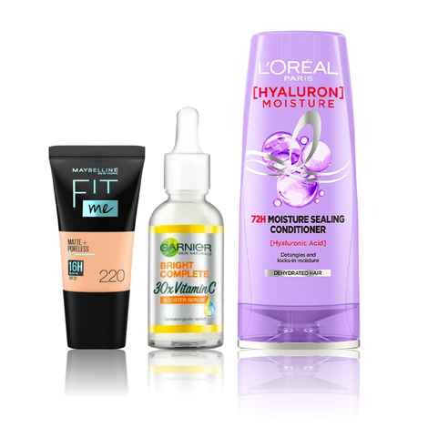 Buy Maybelline x Garnier x L'Oreal Paris All-Day-Perfect Combo (Maybelline Fit Me foundation, 220 Natural Beige (18 ml), Garnier Bright Complete Vitamin C Face Serum (15 ml), L'Oreal Paris Hyaluron Moisture Shampoo (180 ml)) - Purplle