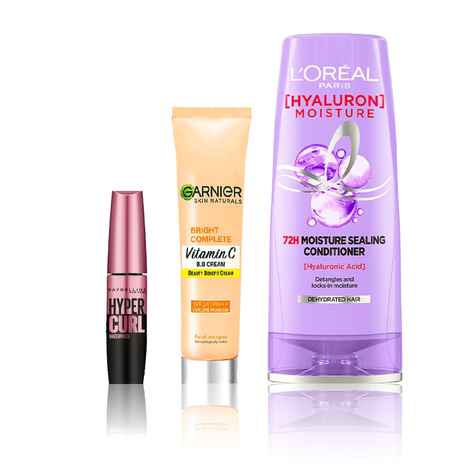 Buy Maybelline x Garnier x L'Oreal Paris Picture Perfect Combo (Maybelline Hypercurl Mascara, Very Black (9.2 gm), Garnier Bright Complete BB Cream (30 gm), L'Oreal Paris Hyaluron Moisture Conditioner (180 ml)) - Purplle