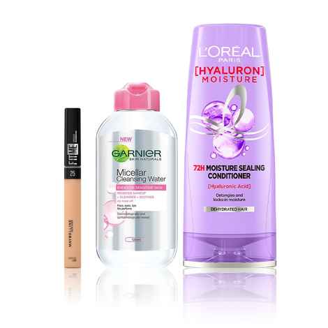 Buy Maybelline x Garnier x L'Oreal Paris Flawless Skin and Hair Combo (Maybelline Fit Me Concealer - Medium 25 (6.8ml), Garnier Micellar water (125 ml), L'Oreal Paris Hyaluron Moisture conditioner (180 ml)) - Purplle