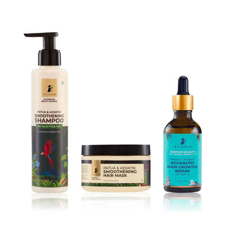 Buy Pilgrim Shine & Revive Hair care kit 1 (Pilgrim Patua & Keratin Hair Smoothening Shampoo (200 ml) + Pilgrim Patua & Keratin Smoothening Hair Mask (200 ml) + Pilgrim Redensyl + Anagain Advanced Hair Growth Serum (50 ml)) - Purplle
