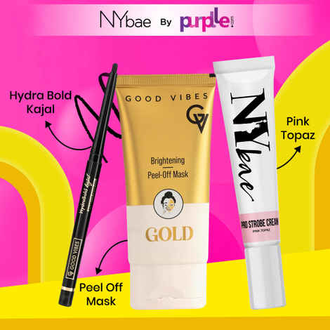 Buy Good Vibes x NY Bae Bold & Gold Essentials Trio | Good Vibes Hydra Bold Kajal (0.35 gm)| Intense Black | Good Vibes Gold Brightening Peel Off Mask (50 gm) | NY Bae Strobe Cream Pink Topaz (12 gm) | Glowing Skin | Korean Glow - Purplle