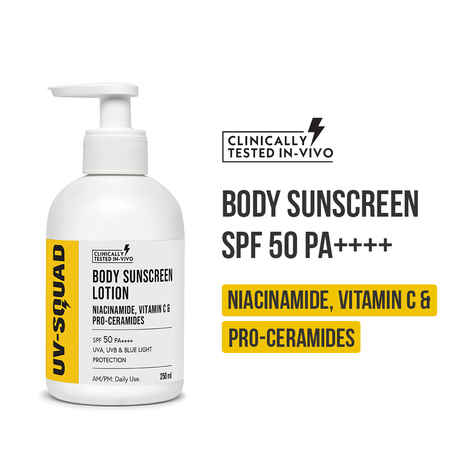 Buy UV Squad Body Sunscreen Lotion SPF 50 PA++++ Niaciamide, Vitamin C & Pro-Ceramides 250 ml - Purplle