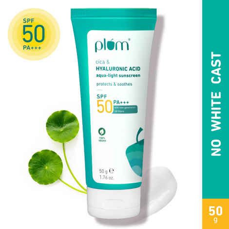 Plum Cica & Hyaluronic Acid Aqua-Light Sunscreen SPF 50 PA+++ | No White Cast, Lightweight, Non-Sticky | Safest New Generation UV Filters | Protects & Cares for All Skin Types | Water-Light Sunscreen For Women & Men | 100% Vegan | 50 gm