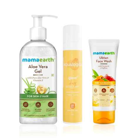 Buy Mamaearth x Aqualogica daytime skincare combo 1 ( Mamaearth ubtan face wash (100ml) + Mamaearth aloe vera gel (300ml) + Aqualogica papaya & vitamin C sunscreen (50g)) - Purplle