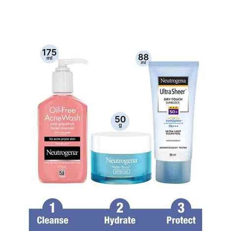 Buy Neutrogena Oil Free Acne Wash Grapefruit Cleanser - 175 ml & Neutrogena Ultra Sheer Sunscreen SPF 50 - 88 ml & Neutrogena Hydro Boost Water Gel Blue - 50 gm - Purplle