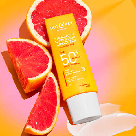 Dot & Key Vitamin C + E Super Bright Sunscreen SPF 50++++ | for Even Toned & Glowing Skin | No White Cast, WaterLight I UVA/B & Blue Light Protection I Better Vitamin D absorption | 80 gm