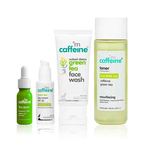 Buy mCaffeine Green Tea Radiance Collection: Face Wash(75 ml) + Day Cream(50 ml) + Toner(150 ml) + Vitamin C Serum(20 ml) - Purplle