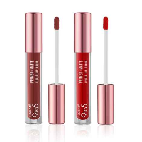 Lakme 9 to 5 Liquid Lip Combo (Lakme 9to5 Primer + Matte Liquid Lip Color MR2 Driven Red (4.2 ml) and Lakme 9to5 Primer + Matte Liquid Lip Color MB2 Intense Latte(4.2 ml))