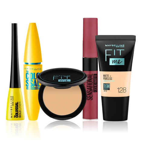 Buy Maybelline NewYork Chic & Charming Essentials Kit 1 |Fit Me Compact 128 (6 gm) | Fit Me Liquid Foundation 128(18 ml) | Colossal Mascara Black (10 gm) |Colossal Eyeliner Black(3 gm) |Sensational Liquid Lipstick 24 Touch Of Spice (7 ml) - Purplle