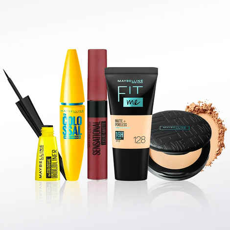 Buy Maybelline NewYork Chic & Charming Essentials Kit 3 |Fit Me Compact 128(6 gm) | Fit Me Liquid Foundation 128 (18 ml) | Colossal Mascara Black (10 gm) |Colossal Eyeliner Black (3 gm) |Sensational Liquid Lipstick 21 Nude Nuance (7 ml) - Purplle