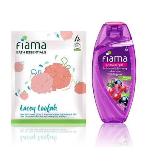 Buy Fiama Shower Gel Blackcurrant & Bearberry(250 ml) + Fiama Bath Essential Lacey Loofah, Pack of 1 - Purplle