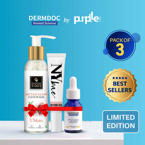 Buy Good Vibes x Dermdoc x NY Bae Easy Glow (Good Vibes Ubtan De Tan Glow Face Wash (120 ml) + NY Bae PRO Strobe Cream (12 gm) + DERMDOC by Purplle 10% Niacinamide Face Serum (15 ml)) - Purplle