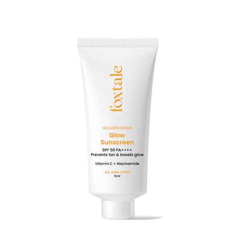 Buy Foxtale Essentials Brightening SPF 50 Sunscreen with Vitamin C and Niacinamide | UVA and UVB filters | No White Cast | Non-Greasy Formula | Anti-Tan Formula | Men & Women | 5 ml - Purplle