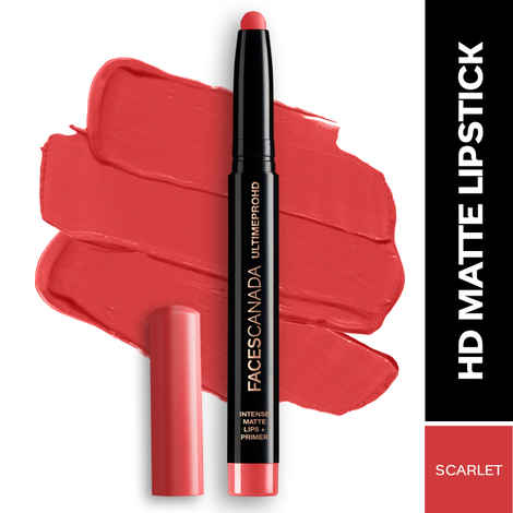 FACES CANADA Ultime Pro HD Intense Matte Lipstick + Primer - Scarlet, 1.4 gm | 9HR Long Stay | Feather-Light Comfort | Intense Color | Smooth Glide