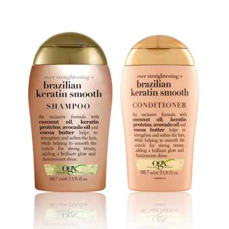 Buy OGX Keratin Smooth Mini Duo For Dry, Curly, Frizzy, Fine Hair : Brazilian Keratin Shampoo + Conditioner Set - 88.7 ml Each - Purplle