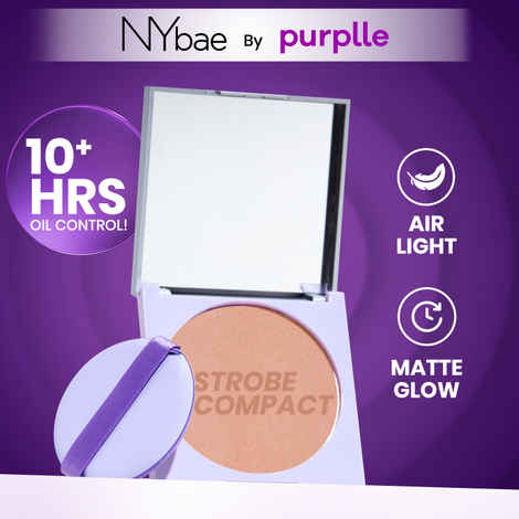 NY Bae Strobe Glow Compact Powder - Warm Pink 02 (8.5 gm) Fair-Medium Skin Tone | Highlighter + Compact | 10 Hrs+ Oil Control | Matte Glow | Shimmer Infused | Soft Powder Puff | Built-In Mirror |