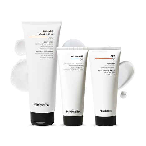 Minimalist Daily AM Combo (Salicylic acid & LHA 2% Body Wash 200gm + 10% Vitamin B5 Oil Free Moisturizer 50gm +SPF 50 Sunscreen 50gm)