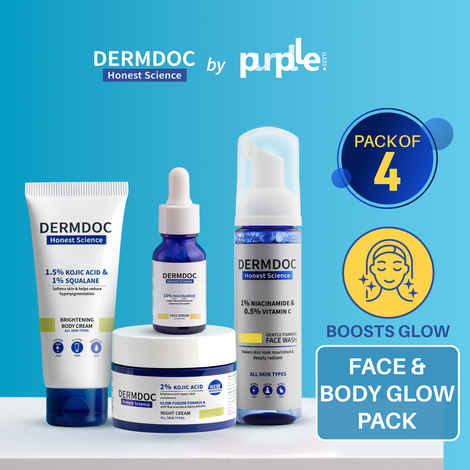 Buy DERMDOC Combo Kit for Face & Body Glow | niacinamide serum, brightening face wash, brightening body cream, kojic acid night cream | pack of 4 | festive glow kit - Purplle