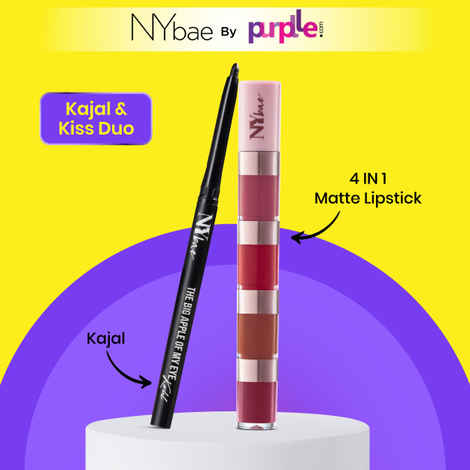 NY Bae Kajal & Kiss Duo | Black Kajal | Waterproof | Eye Makeup | 4in1 Lipstick | Pretty Pleasure | Matte Lipstick | Pigmented | Makeup Kit | Combo
